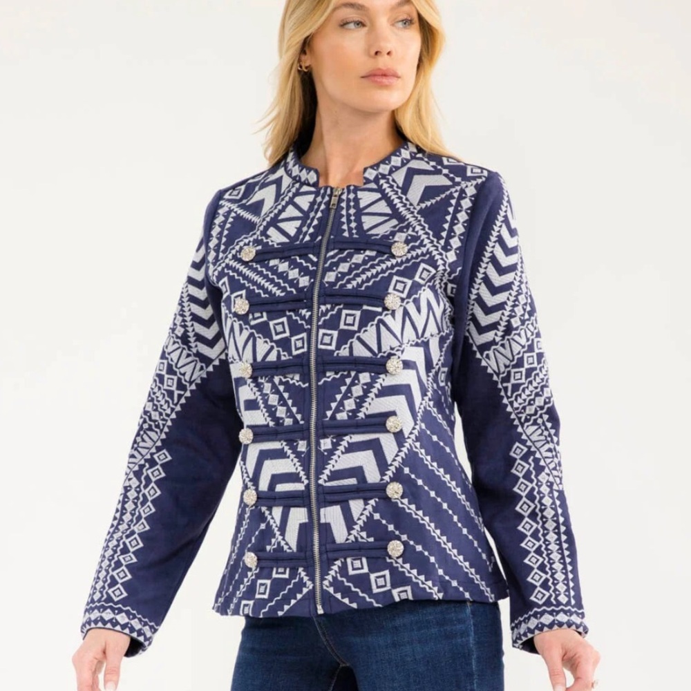 Navy & White Patterned Military-Style Blazer